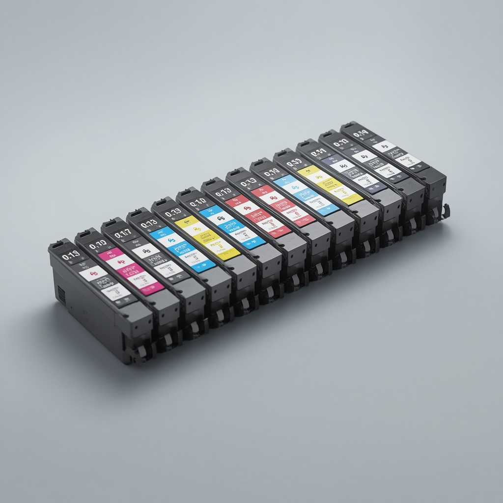 Printer ink cartridges and toner arranged on a desk for cost-per-page comparison